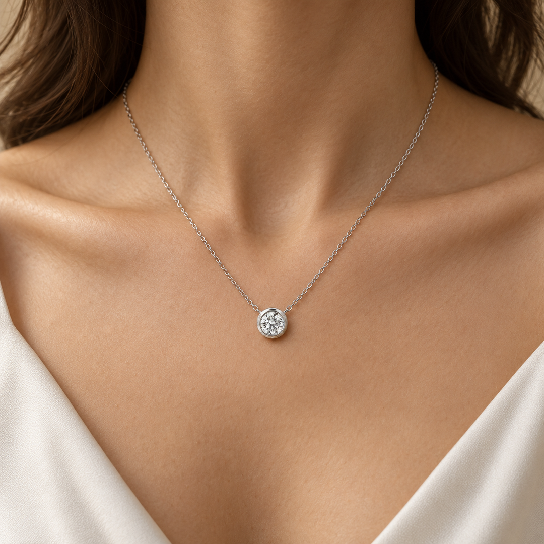 0.39 CT Diamond 18K White Gold Bezel-Set Pendant Necklace