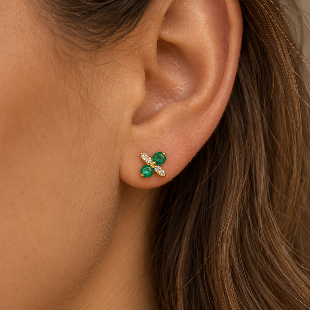 0.55 CTW Emerald &amp; 0.10 CTW Diamond 14K Yellow Gold Stud Earrings