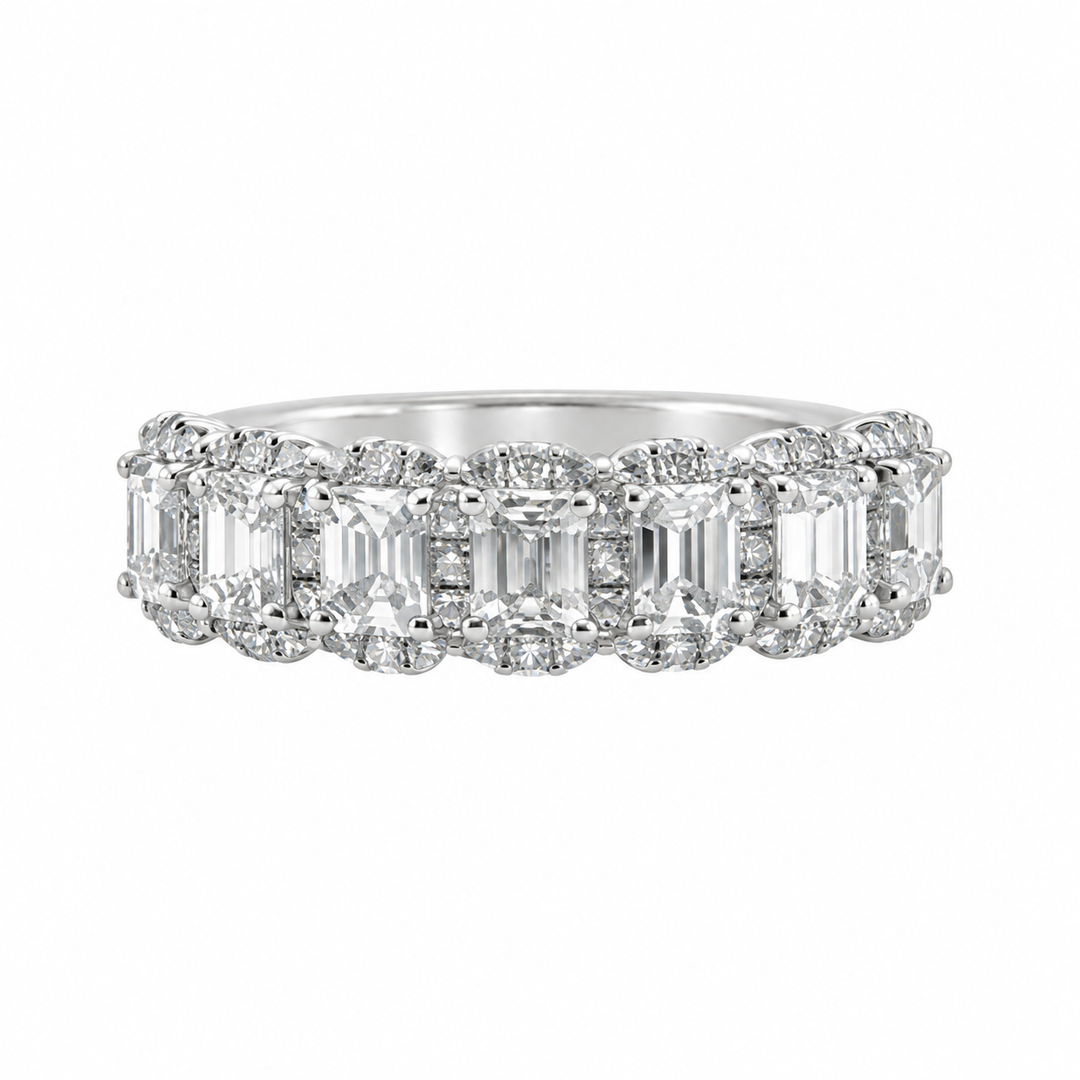 1.77 CTW Emerald Cut and Round Diamond Eternity Ring in 14K White Gold