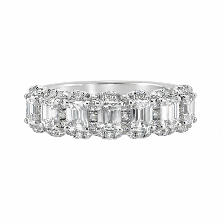 1.77 CTW Emerald Cut and Round Diamond Eternity Ring in 14K White Gold