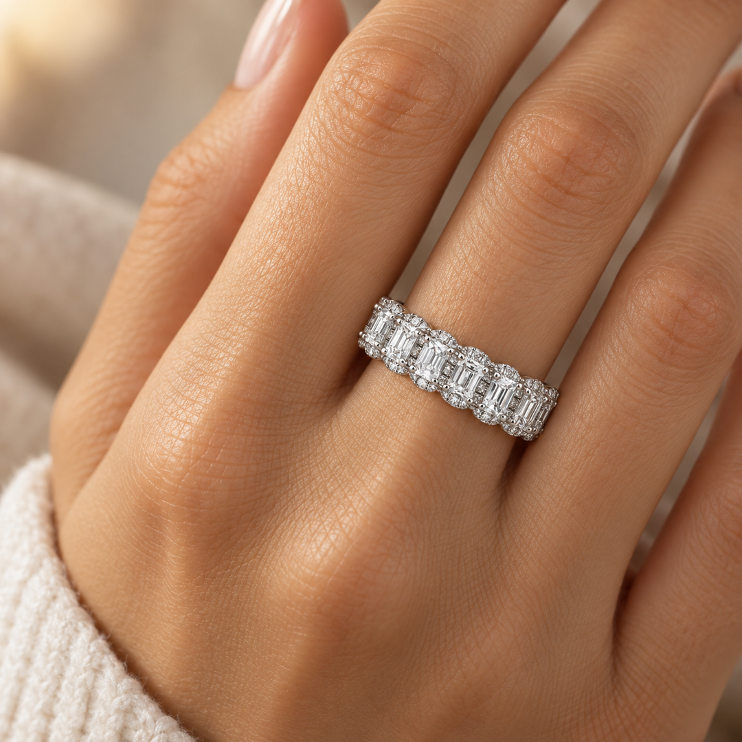 1.77 CTW Emerald Cut and Round Diamond Eternity Ring in 14K White Gold