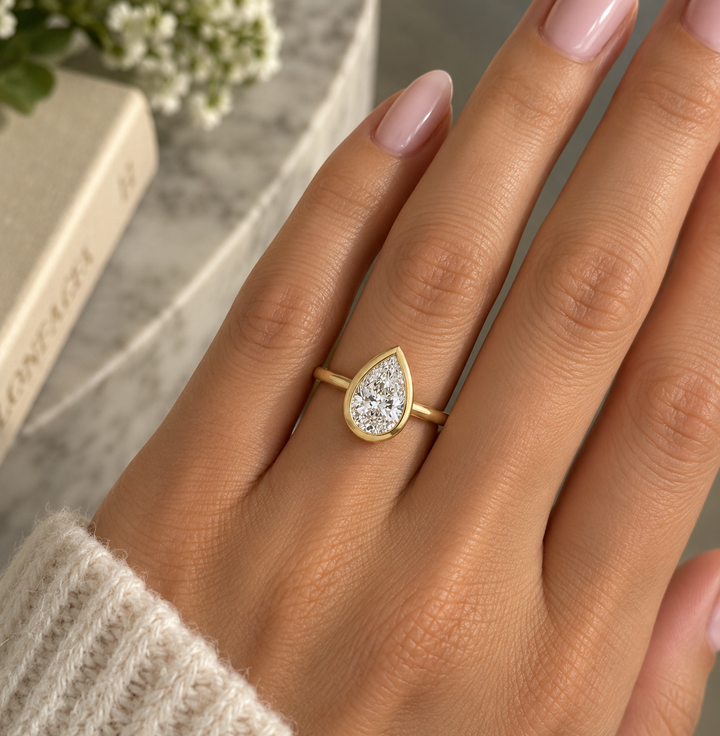 3.00 CT Pear-Shaped Lab Grown Diamond 14K Yellow Gold Bezel Engagement Ring