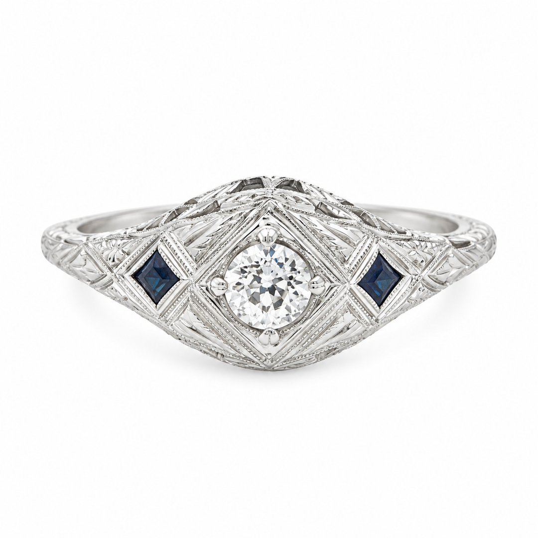 Vintage 0.25 CTW Diamond &amp; Sapphire 18K White Gold Engagement Ring