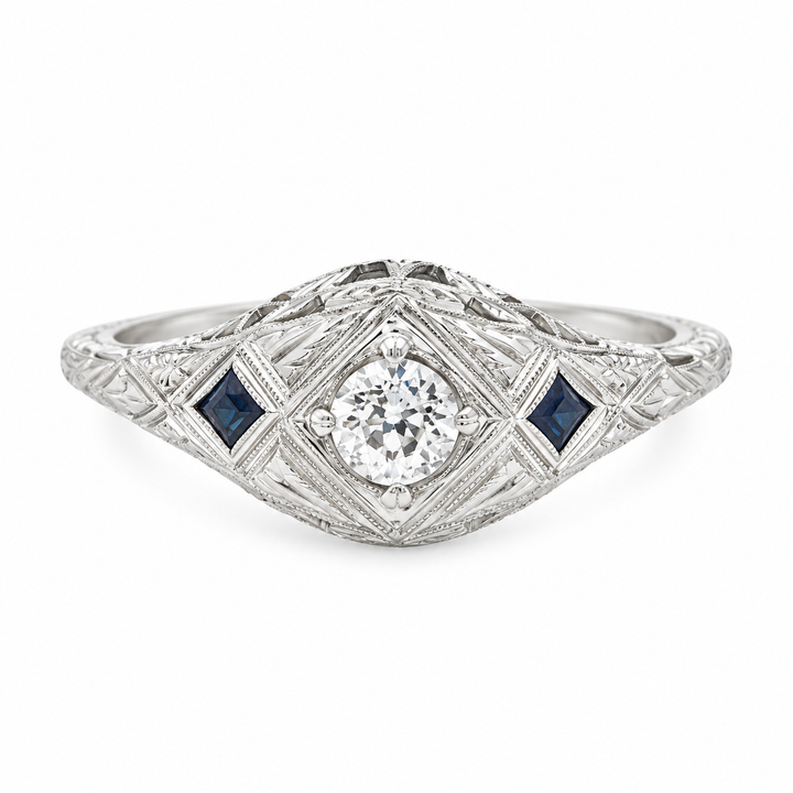 Vintage 0.25 CTW Diamond &amp; Sapphire 18K White Gold Engagement Ring
