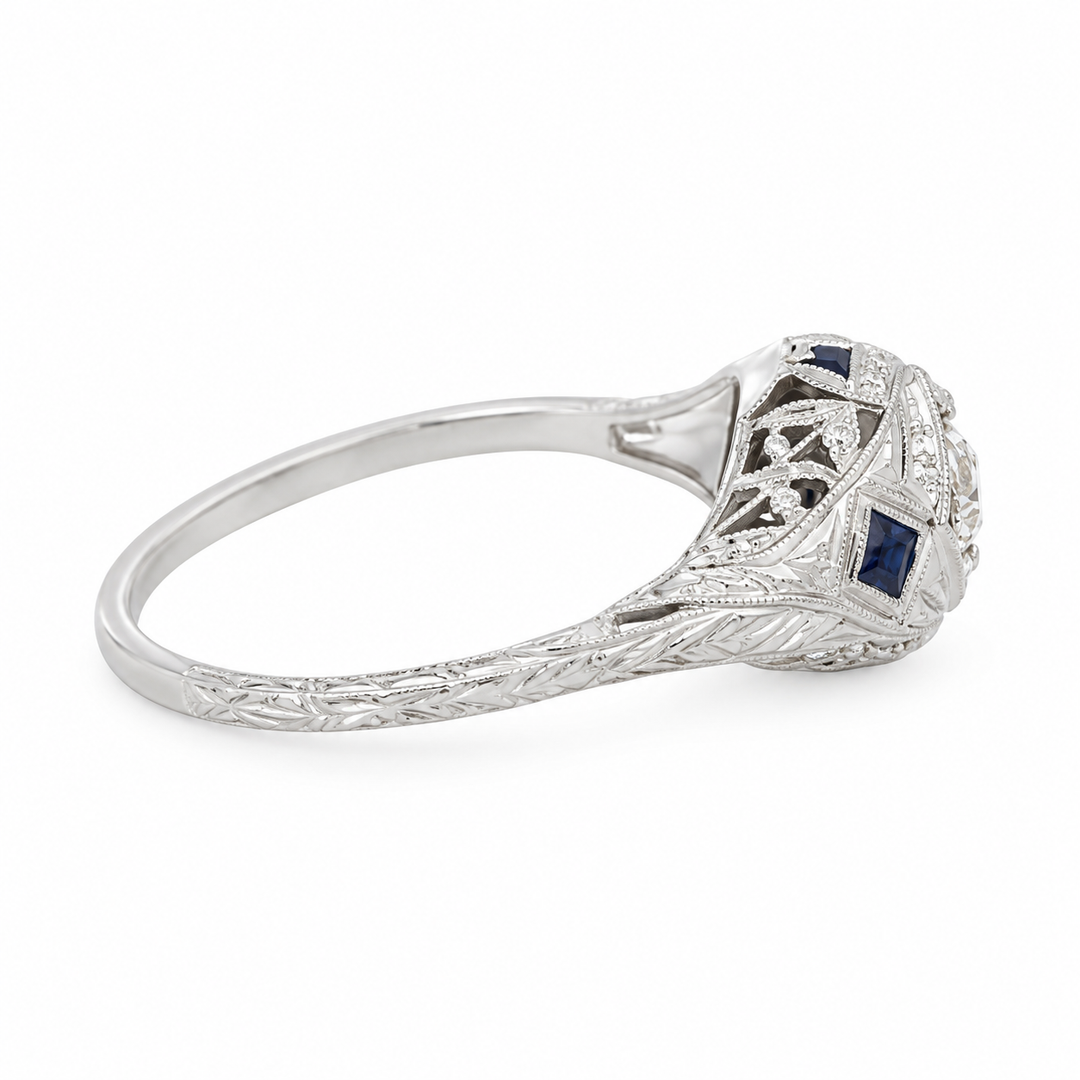 Vintage 0.25 CTW Diamond &amp; Sapphire 18K White Gold Engagement Ring