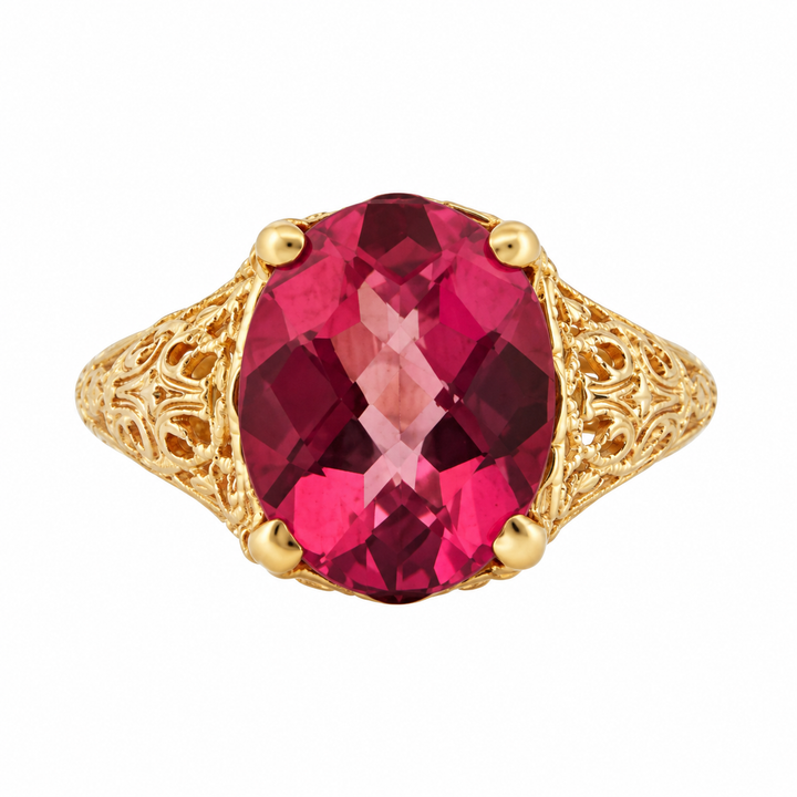 Pink Topaz Filigree Ring 10K Yellow Gold, 11x9mm Stone