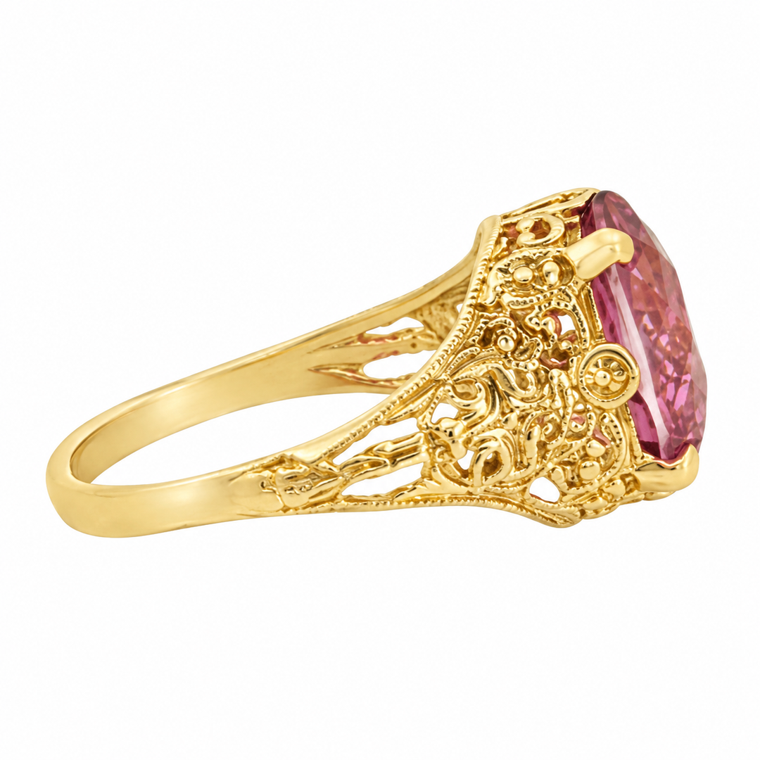Pink Topaz Filigree Ring 10K Yellow Gold, 11x9mm Stone