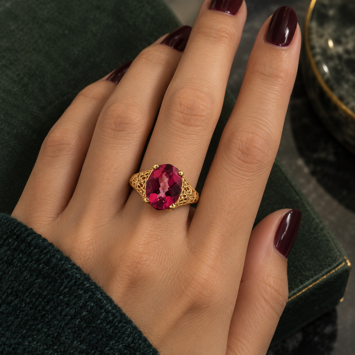 Pink Topaz Filigree Ring 10K Yellow Gold, 11x9mm Stone