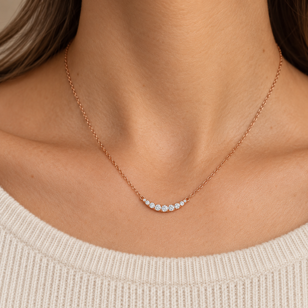 0.15 CTW Diamond 14K Rose Gold Half Moon Station Bar Necklace