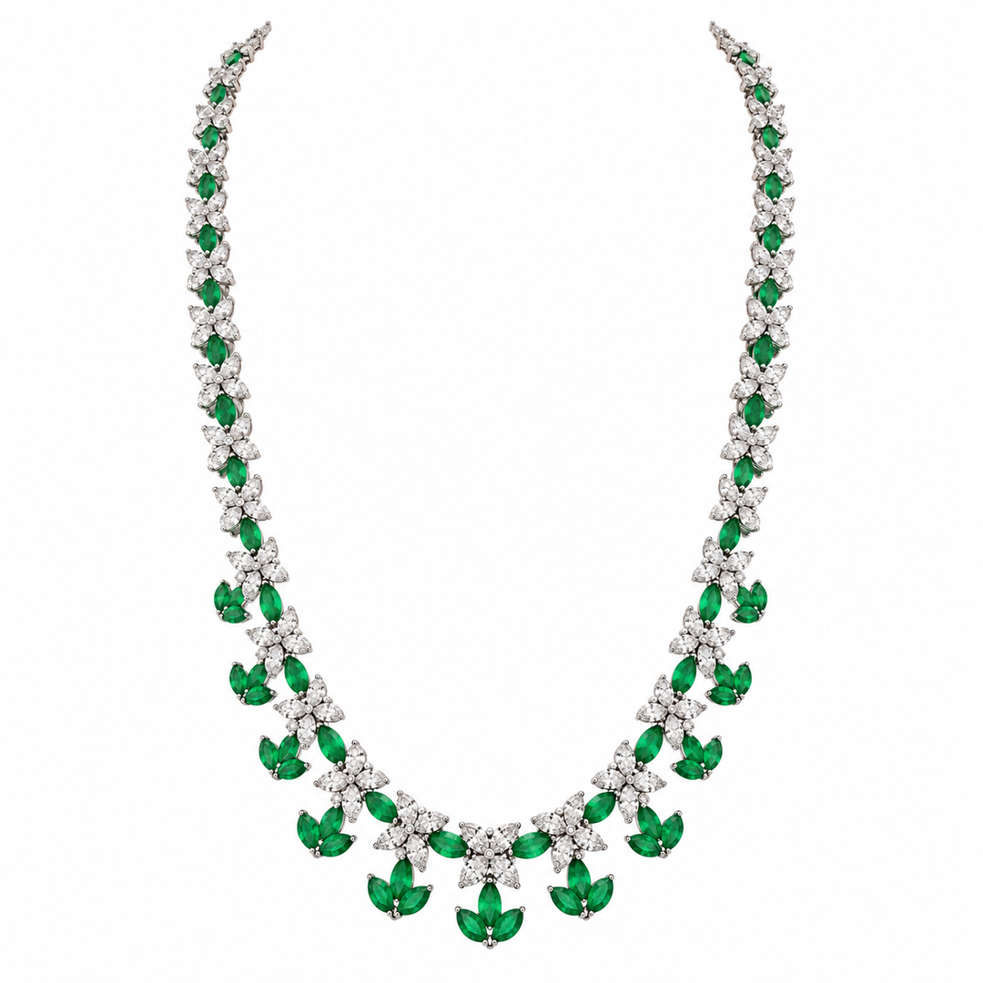 14.32 CTW Marquise Diamond & 9.03 CTW Emerald Platinum Leaf Link Necklace