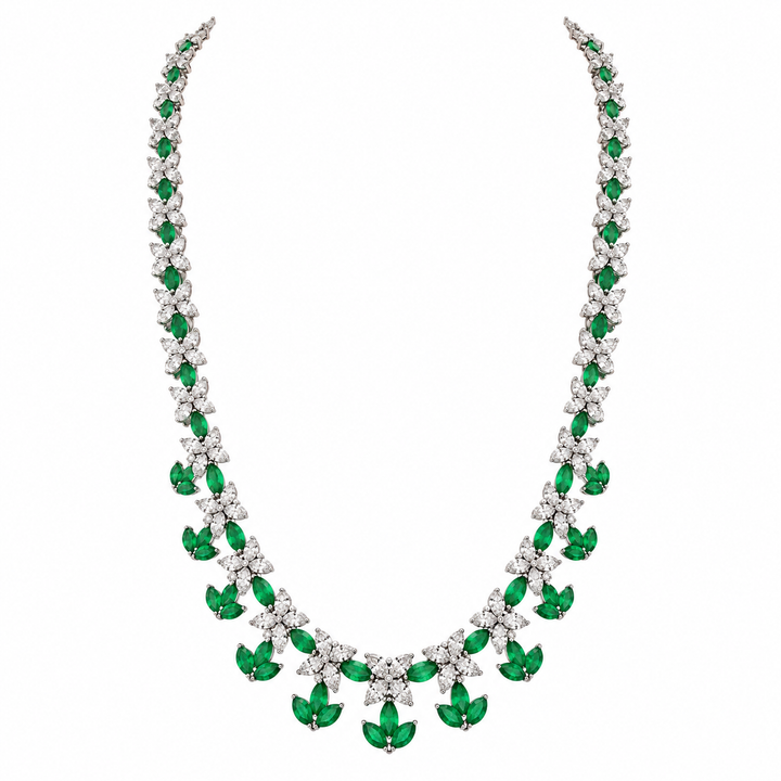 14.32 CTW Marquise Diamond &amp; 9.03 CTW Emerald Platinum Leaf Link Necklace