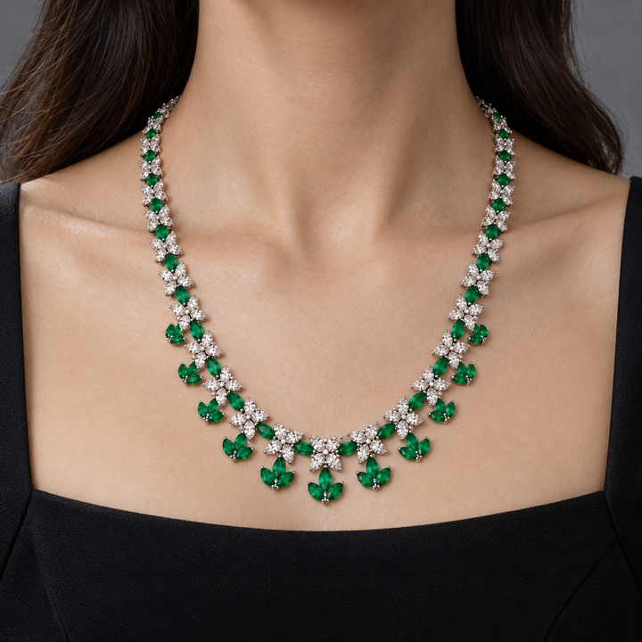 14.32 CTW Marquise Diamond &amp; 9.03 CTW Emerald Platinum Leaf Link Necklace