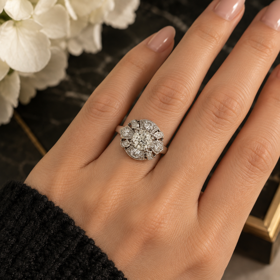 1.50 CTW Diamond Antique Ring in 14K White Gold