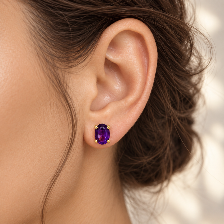 18K Yellow Gold 7 x 5mm Oval Amethyst Stud Earrings