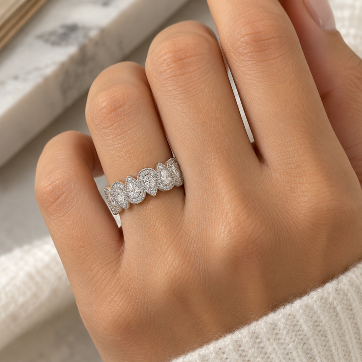 1.14 CTW Pear-Shaped Diamond Milgrain Band in 14K White Gold, 5mm Wide, Size 6.5
