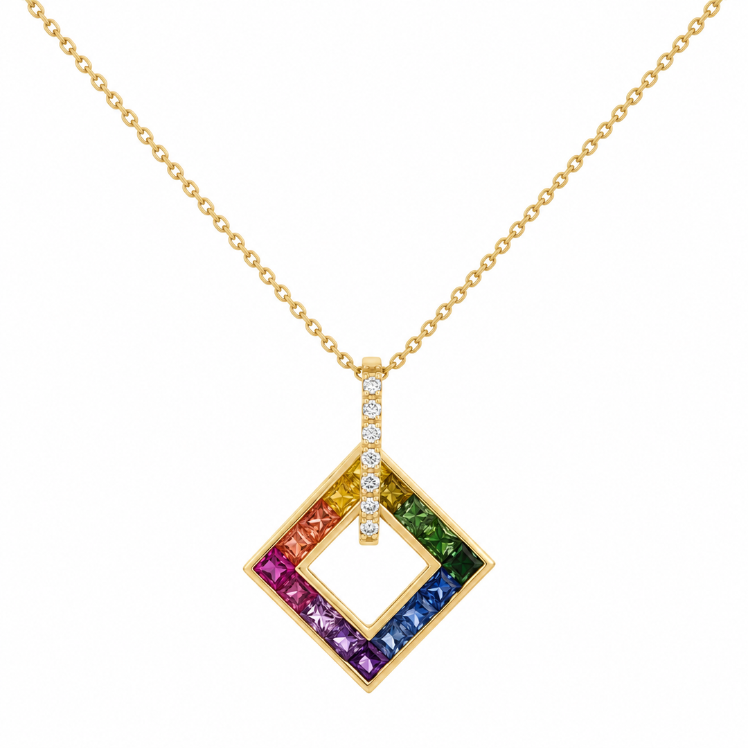 0.10 CTW Diamond Rainbow Sapphire 14K Yellow Gold Geometric Pendant Necklace