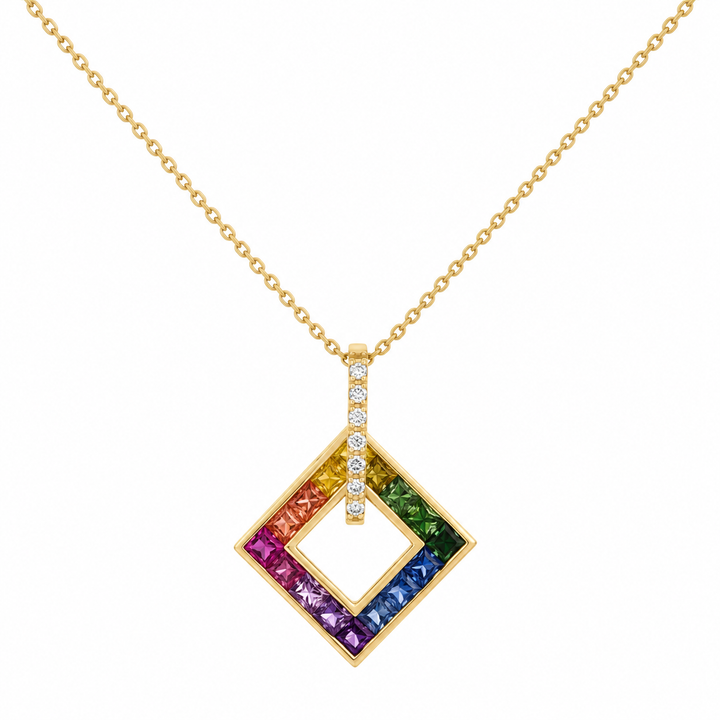 0.10 CTW Diamond Rainbow Sapphire 14K Yellow Gold Geometric Pendant Necklace