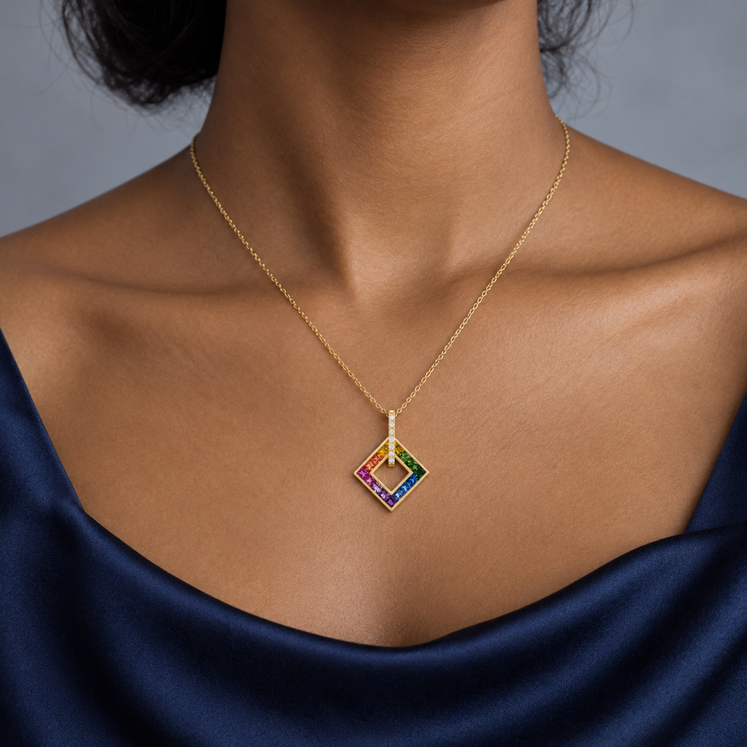0.10 CTW Diamond Rainbow Sapphire 14K Yellow Gold Geometric Pendant Necklace