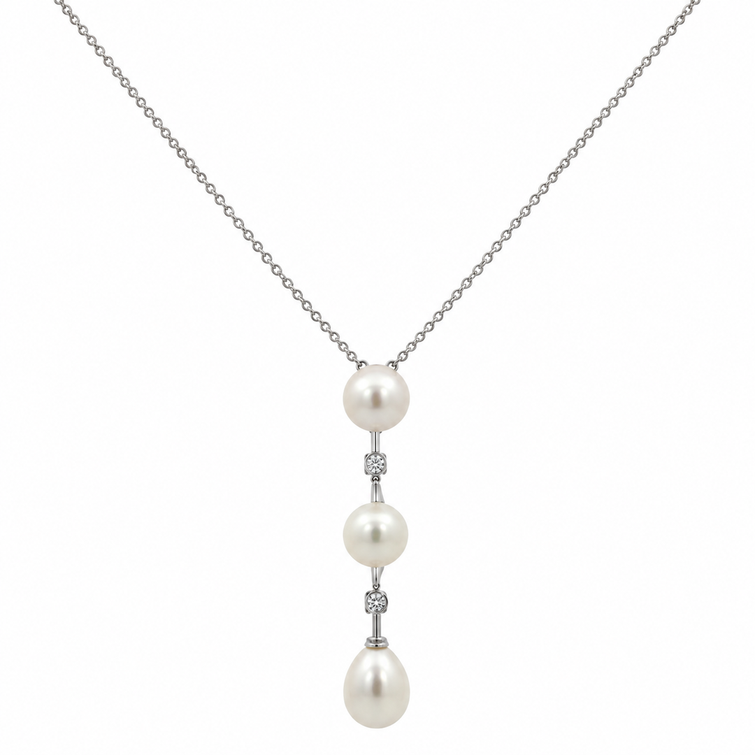0.12 CTW Diamond & Pearl 14K White Gold Three-Pearl Drop Pendant Necklace
