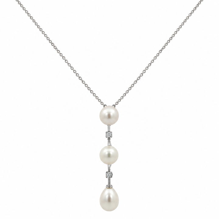 0.12 CTW Diamond &amp; Pearl 14K White Gold Three-Pearl Drop Pendant Necklace