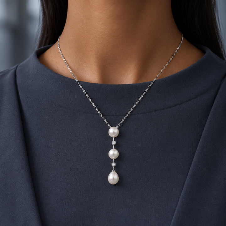 0.12 CTW Diamond &amp; Pearl 14K White Gold Three-Pearl Drop Pendant Necklace