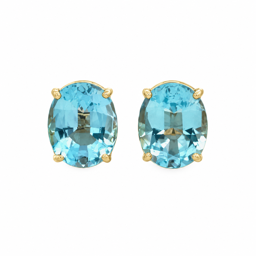 Oval Blue Topaz 14K Yellow Gold Stud Earrings