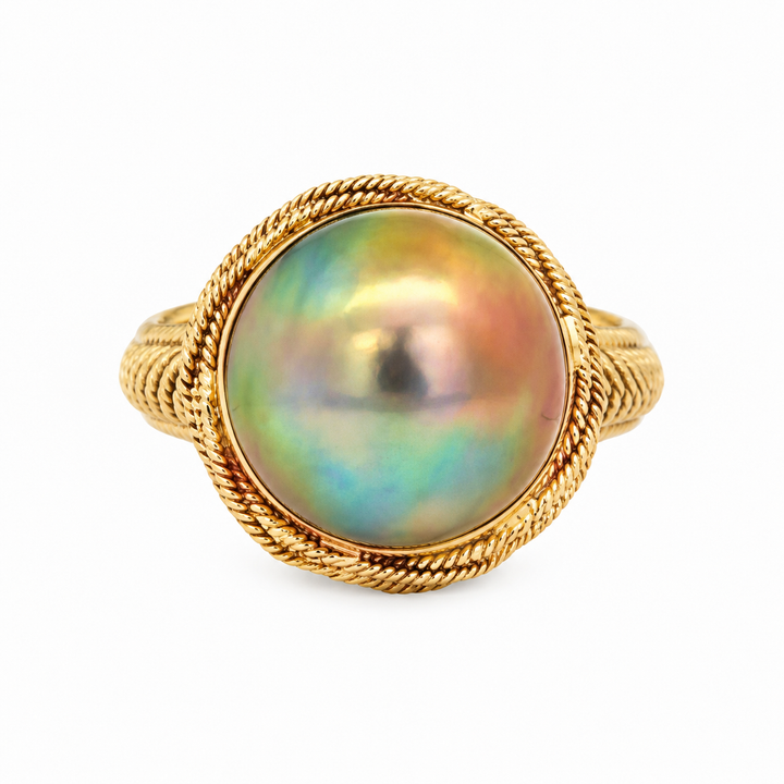 17mm Pearl 14K Yellow Gold Textured Statement Ring