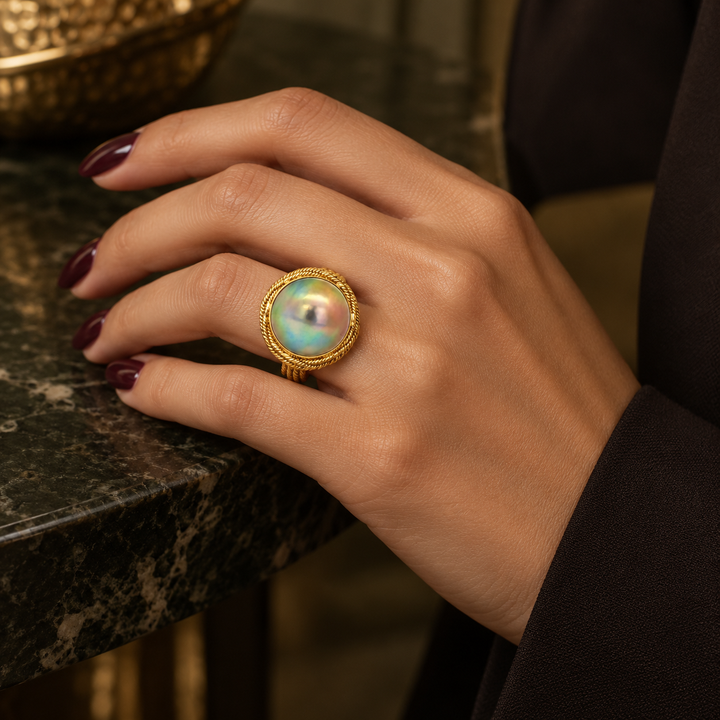 17mm Pearl 14K Yellow Gold Textured Statement Ring