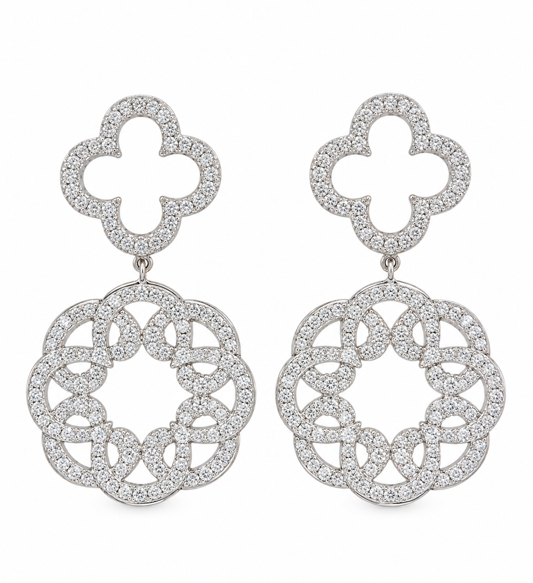 1.40 CTW Diamond 14K White Gold Clover Floral Drop Earrings