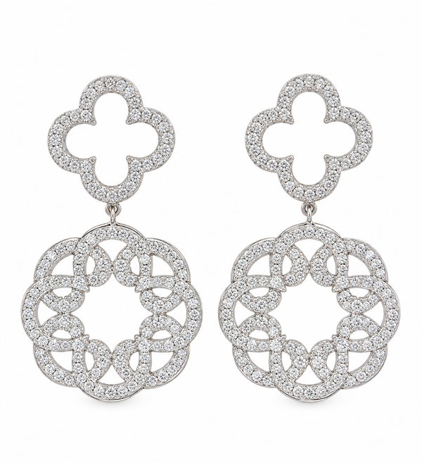 1.40 CTW Diamond 14K White Gold Clover Floral Drop Earrings