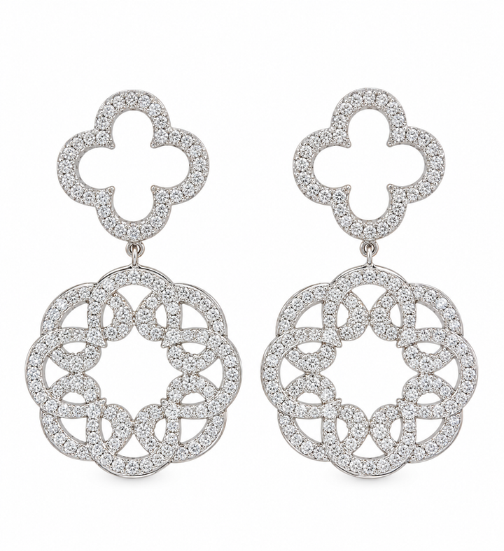 1.40 CTW Diamond 14K White Gold Clover Floral Drop Earrings