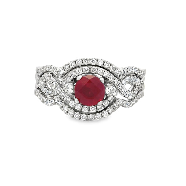 0.85 CT Ruby and 0.50 CTW Diamond White Gold Halo Twist Ring