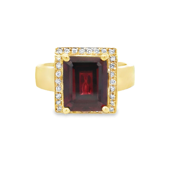 4.00 CT Garnet and 0.14 CTW Diamond 14K Yellow Gold Emerald-Cut Halo Ring