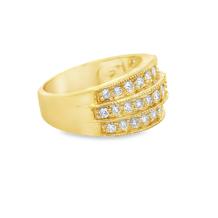 0.70 CTW Diamond 14K Yellow Gold Triple Row Wide Band Ring