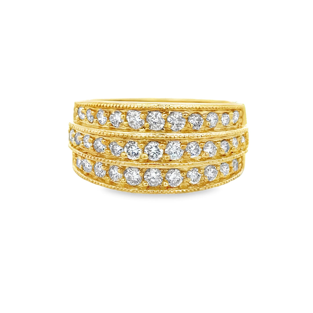 0.70 CTW Diamond 14K Yellow Gold Triple Row Wide Band Ring