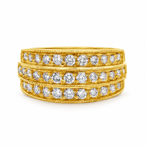 0.70 CTW Diamond 14K Yellow Gold Triple Row Wide Band Ring