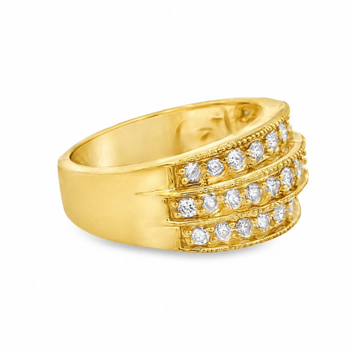 0.70 CTW Diamond 14K Yellow Gold Triple Row Wide Band Ring