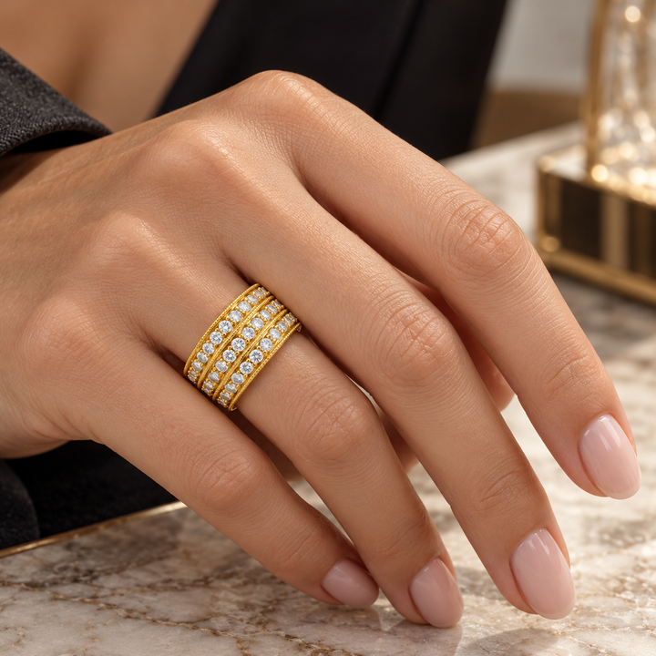 0.70 CTW Diamond 14K Yellow Gold Triple Row Wide Band Ring