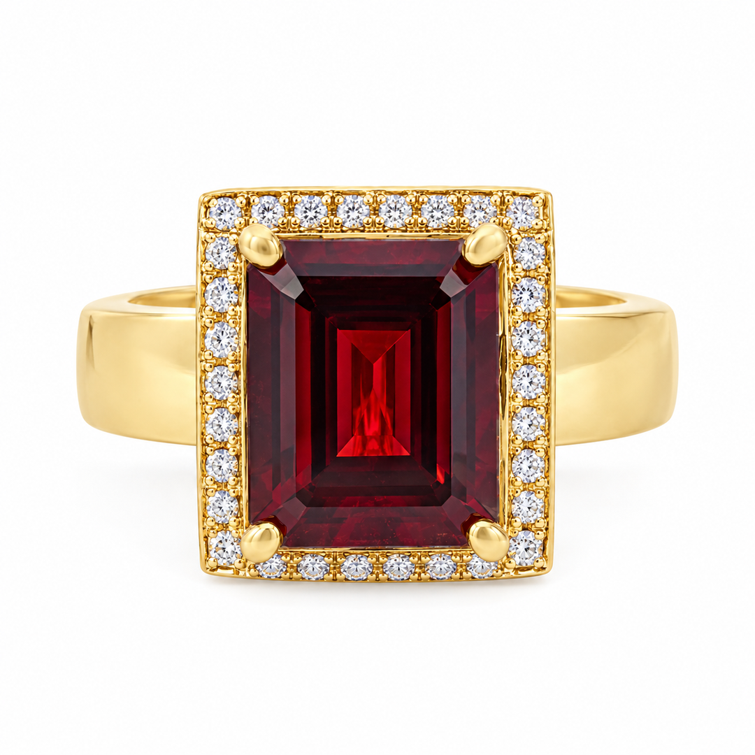 4.00 CT Garnet and 0.14 CTW Diamond 14K Yellow Gold Emerald-Cut Halo Ring