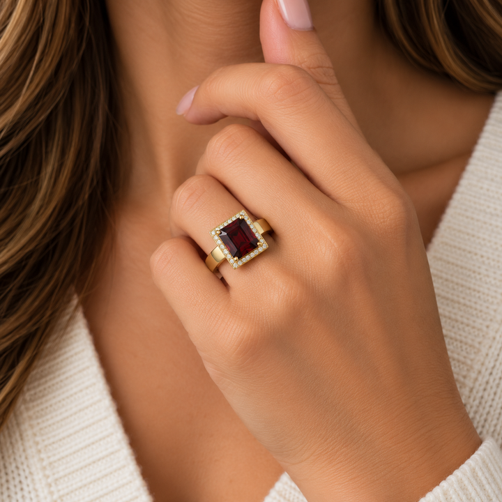 4.00 CT Garnet and 0.14 CTW Diamond 14K Yellow Gold Emerald-Cut Halo Ring