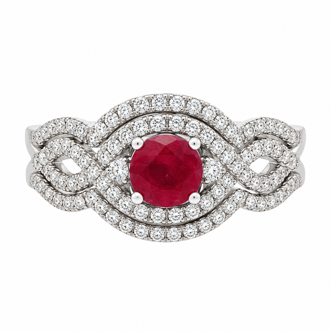0.85 CT Ruby and 0.50 CTW Diamond White Gold Halo Twist Ring