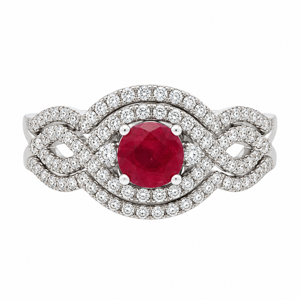 0.85 CT Ruby and 0.50 CTW Diamond White Gold Halo Twist Ring