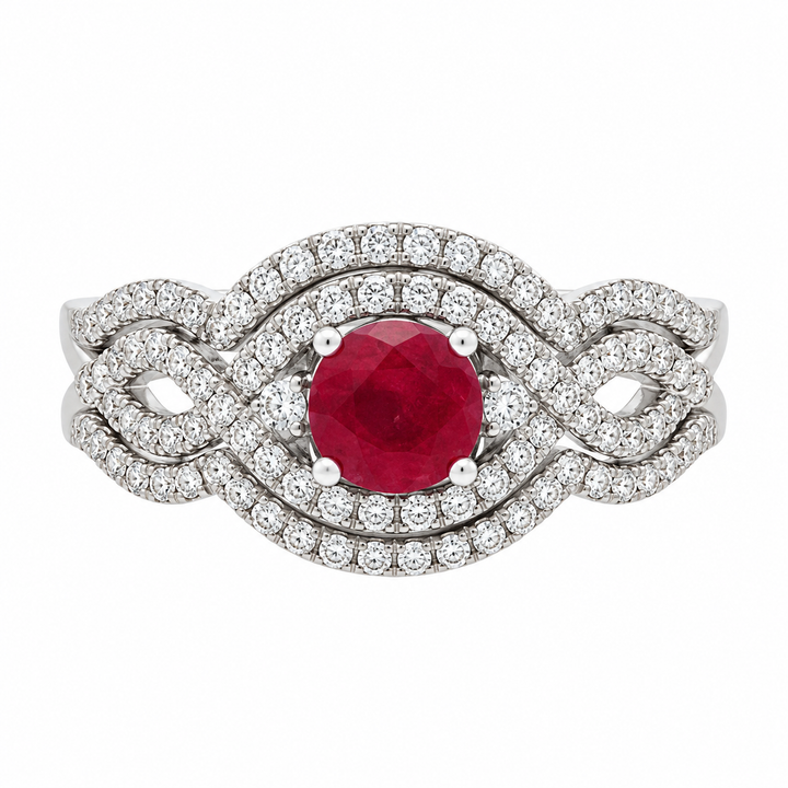 0.85 CT Ruby and 0.50 CTW Diamond White Gold Halo Twist Ring