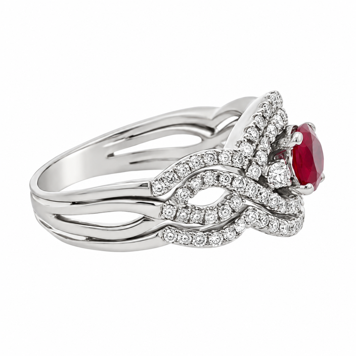 0.85 CT Ruby and 0.50 CTW Diamond White Gold Halo Twist Ring
