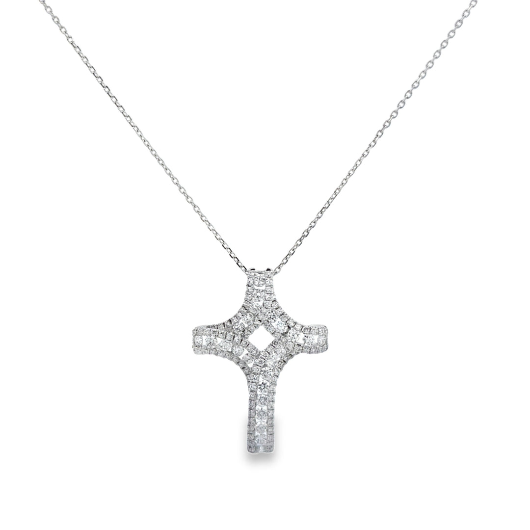 1.39 CTW Diamond 18K White Gold Ribbon Cross Pendant Necklace