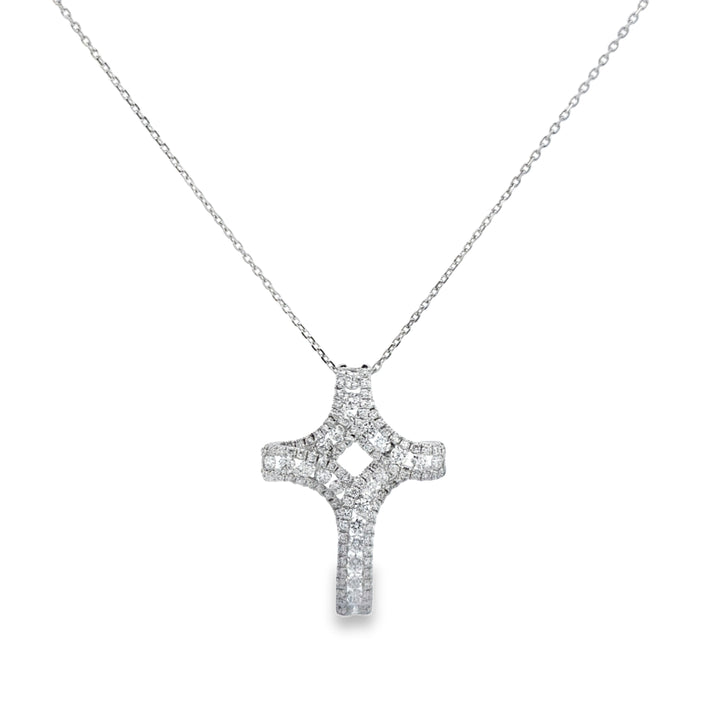 1.39 CTW Diamond 18K White Gold Ribbon Cross Pendant Necklace
