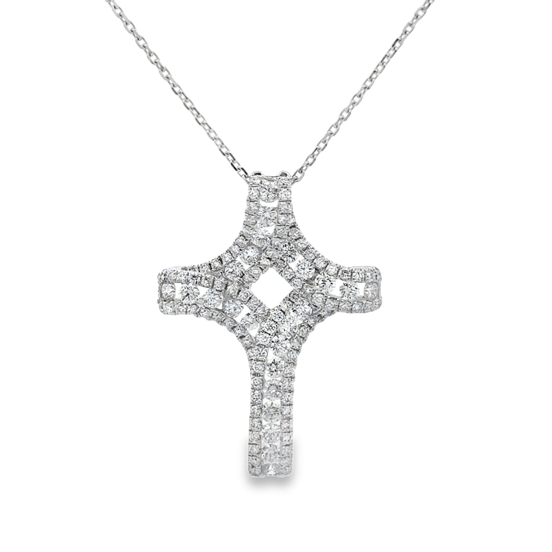 1.39 CTW Diamond 18K White Gold Ribbon Cross Pendant Necklace