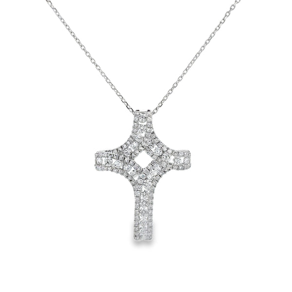 1.39 CTW Diamond 18K White Gold Ribbon Cross Pendant Necklace