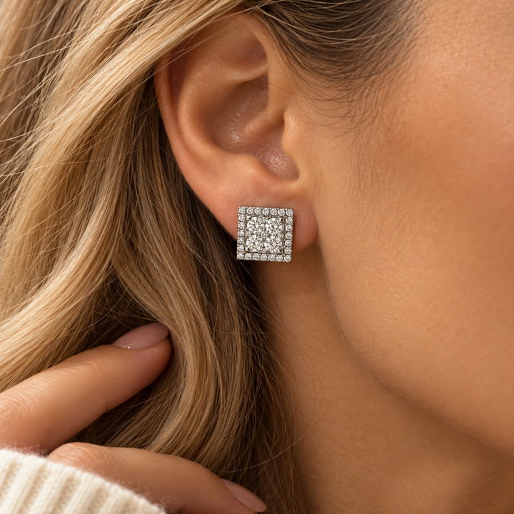 1.35 CTW Diamond 14K White Gold Square Pavé Stud Earrings