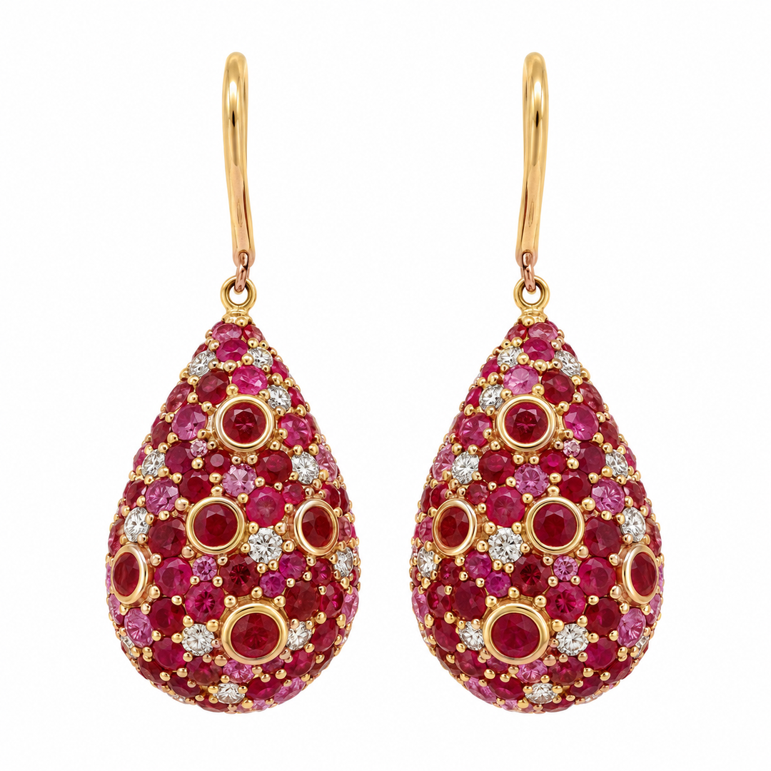 Pre-Owned Robert Sparks 17 CTW Ruby &amp; Pink Sapphire and 0.70 CTW Diamond 14K Yellow Gold Teardrop Earrings